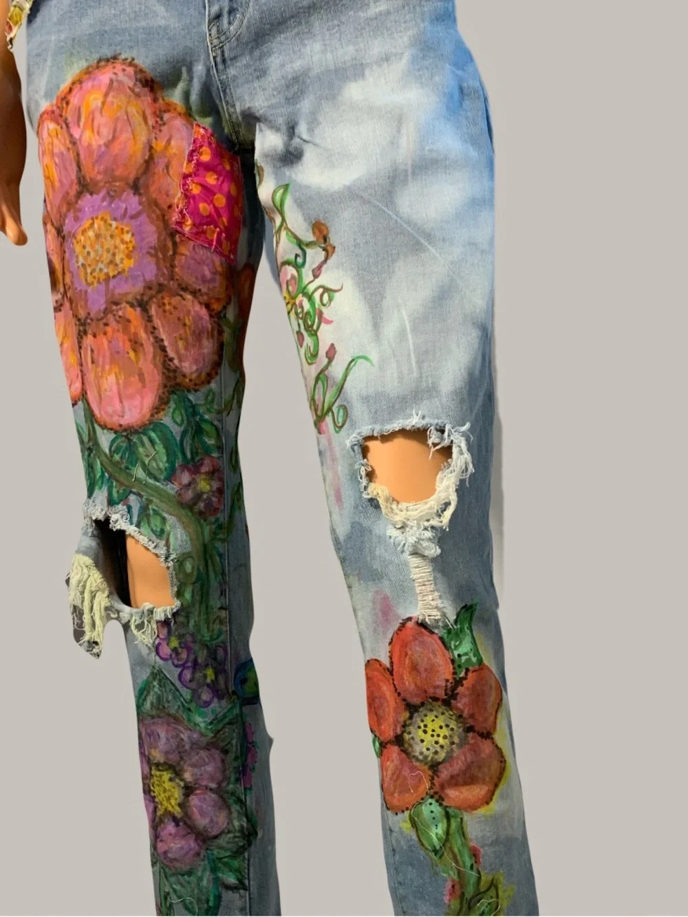 Hand-Painted Floral Light Wash Women's Jeans - Pink & Orange Accents - Picture 5 of 12